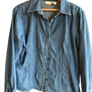 Erika Long-Sleeved Pleated Denim Shirt, Vintage Cotton Button-Down, Size L